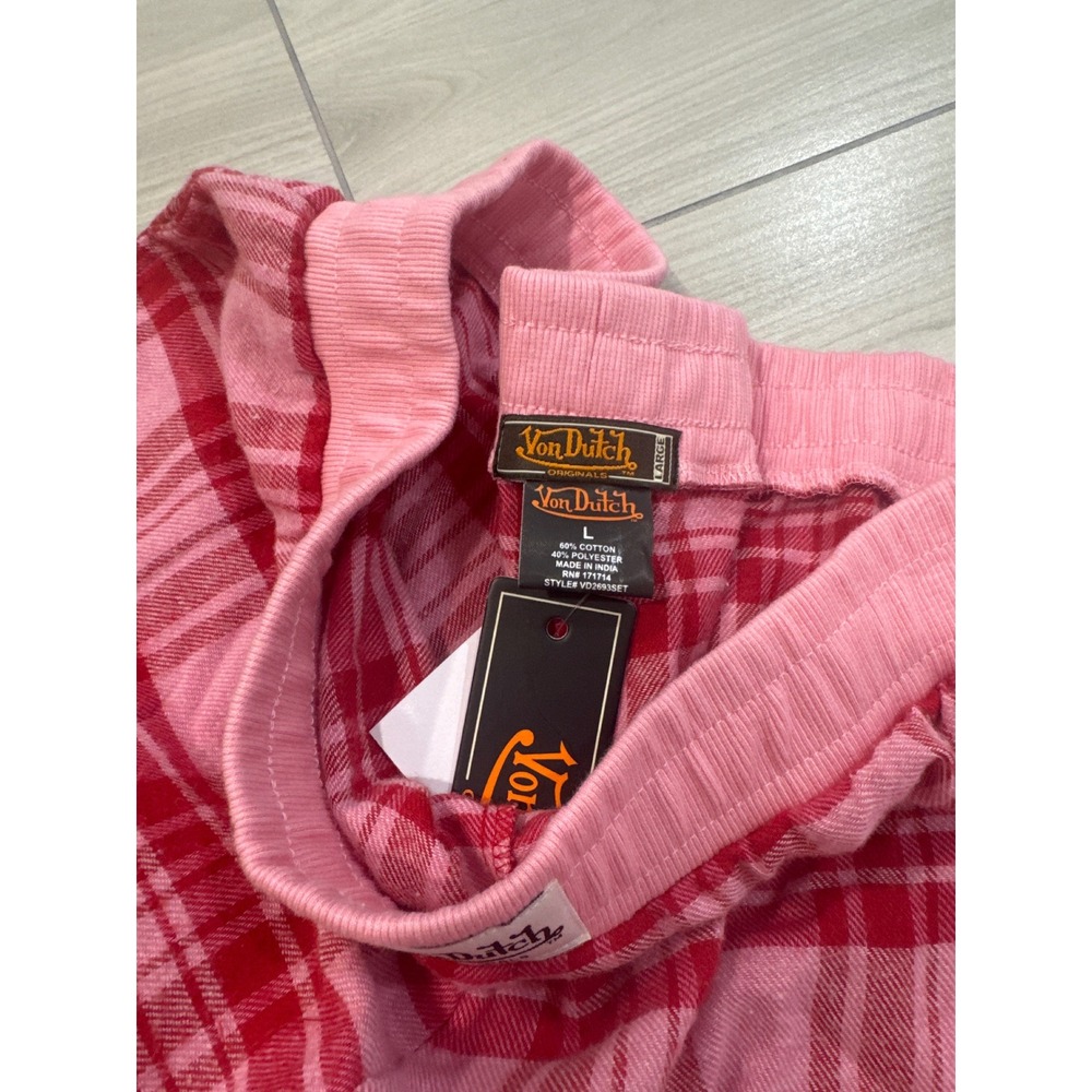 Von Dutch Originals Pink Red Plaid Pajama Set Bralette Wide Leg Pants Large NWT - Picture 8 of 9